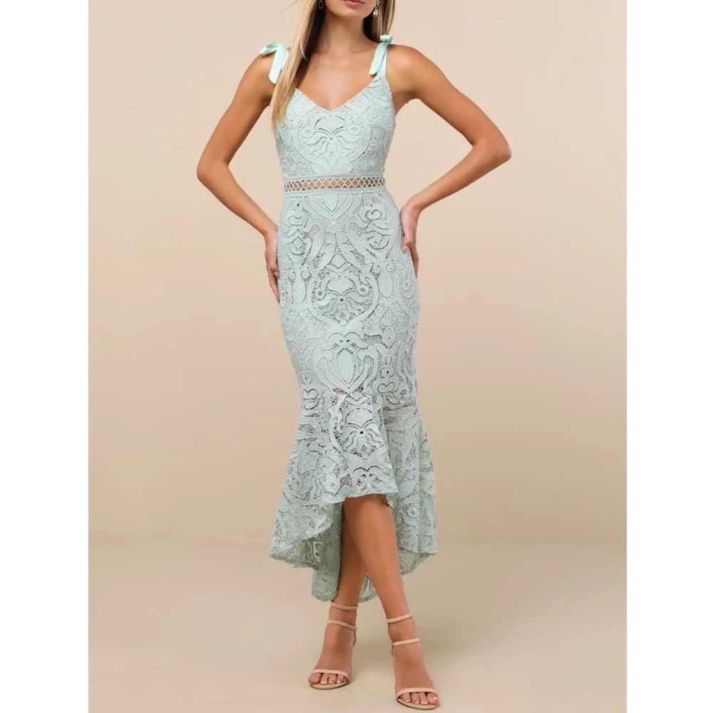NWT Lulus‎ Won Your Heart Sage Green Lace Tie-Strap High-Low Midi Dress Small
